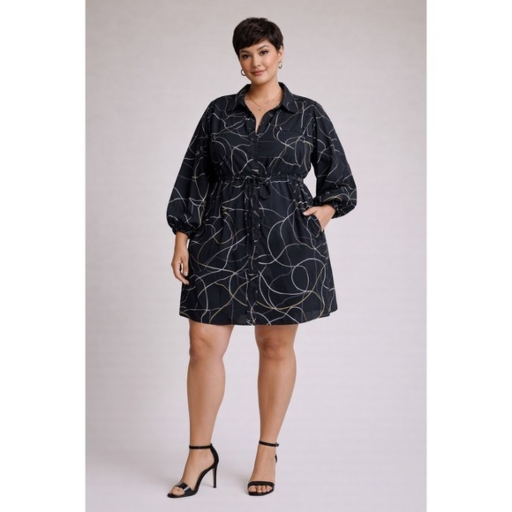 2/$30 NWT City Chic Blouson Shirt Dress SZ XL Black‎ Long Sleeve Tie Waist